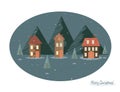 new year's illustration,merry christmas card, christmas trees, houses , snowfall, christmas tree